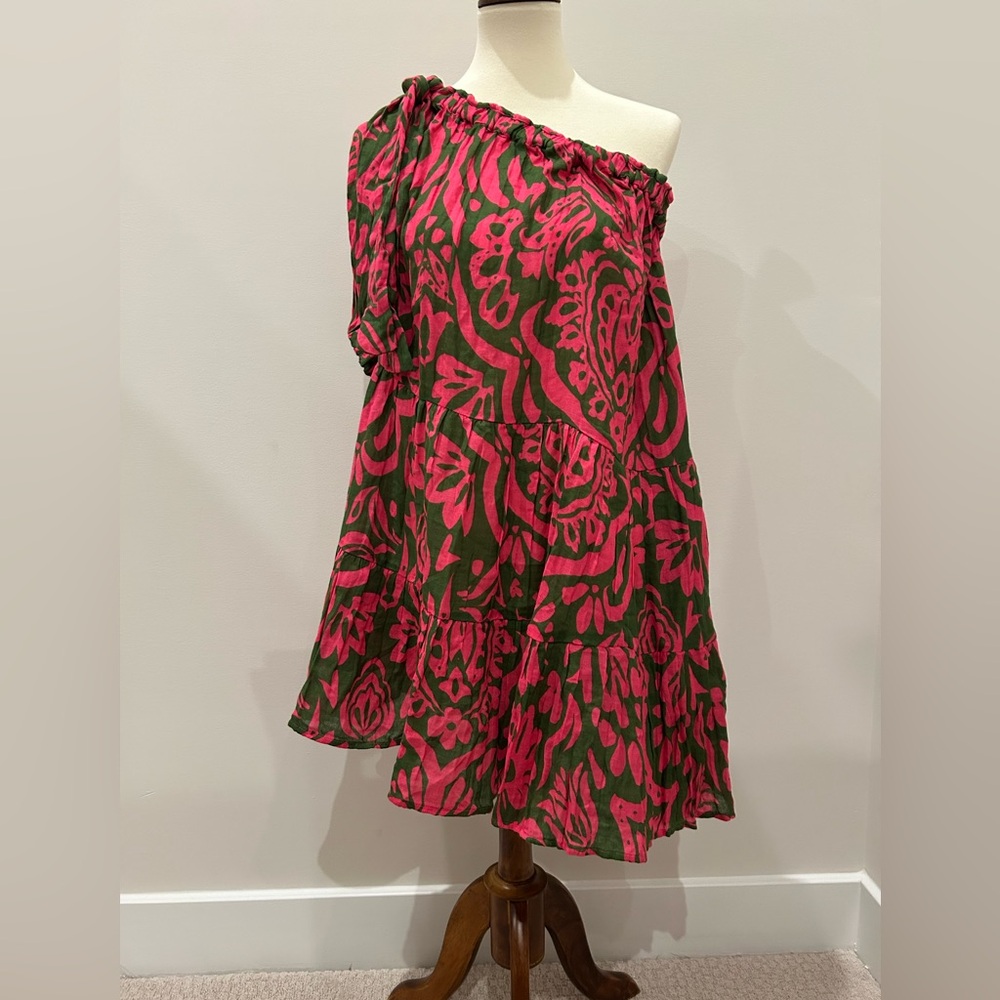 Velvet by Graham & Spencer Vibrant Pink and Green One Shoulder Dress
